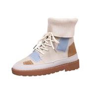 Flat Ankle Boots for Women, Womens Ankle Boots UK Knitted Fold Over Colour Block Flat Boot Lace Up Round Toe Patchwork Fashion Short Booties Autumn Winter Fashion Going Out Shoe Footwear Gifts Beige