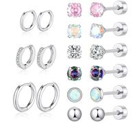 Flat Back Earrings for Women 9 Pairs Hypoallergenic Surgical Steel Earring 20G Opal CZ Stainless Steel Earring Cartilage Small Hoop Stud Sleep Nap Earrings for Sensitive Ears
