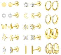 Flat Back Earrings for Women Hypoallergenic Surgical Stainless Steel Earrings Studs Silver Gold Hoop Earring Small Tiny Cartilage Sleeper Earring Set Conch Helix Tragus Piercing Jewellery -G2-Flower