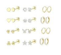 Flat Back Earrings Gold, 12Pairs Helix Piercing Jewellery Hypoallergenic Surgical Steel Stud Hoops Cartilage Earring Stack for Women (Gold)