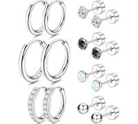 Flat Back Earrings Set for Multiple Piercing Sensitive Ears, TAIGRAMA Hypoallergenic Surgical Steel Earrings Small Cartilage Huggie Hoop Earrings Ball CZ Opal Screw Back Stud Earrings for Women Men,