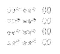 Flat Back Earrings Silver, 12Pairs Helix Piercing Jewellery Hypoallergenic Surgical Steel Stud Hoops Cartilage Earring Stack for Women (Silver)