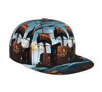 Flat Bill Brim Baseball Cap - Cartoon Pirate Ship Print Unisex Dad Caps Stylish Adjustable Hat, for Men & Women Black