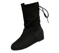Flat Boots For Women - Suede Boots Womens Low Heel Mid-Calf Slouchy Boot Comfortable Walking Boots Casual Comfy Winter Boots Slip On Flat Boots Fashion Back Lace-Up Boots Faux Suede Boot