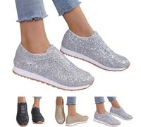 Flat Bottom Round Toe Canvas Shoes Women,Glitter Sneakers for Women UK, One Step Sparkly Glitter Platform Trainers with Soft Anti Slip Sole Vintage Classical Low Top Shoes Daily Leisure Wear Silver