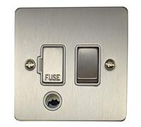 Flat Brushed Steel Switched Fused Spur with Flex Outlet (White Insert/Satin Chrome Switch)