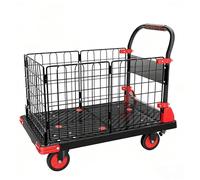 Flat Cart with Wheels, Foldable Push Cart Dolly, with Removable Fence and Brake Device, Save Space, Suitable for Schools, Supermarkets, Warehouses(Black,Large)