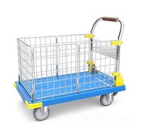 Flat Cart with Wheels, Foldable Push Cart Dolly, with Removable Fence and Brake Device, Save Space, Suitable for Schools, Supermarkets, Warehouses(Blue,Medium)