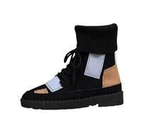 Flat Chelsea Boots Women, Womens Ankle Boots UK Knitted Fold Over Colour Block Flat Boot Lace Up Round Toe Patchwork Fashion Short Booties Autumn Winter Fashion Going Out Shoe Footwear Gifts Black