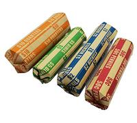 Flat Coin Rolls Wrappers 100 Pack Assorted (25 Each of Quarters, Dimes, Nickels, Pennies), ABA-Standard Colored Striped Durable Kraft Paper