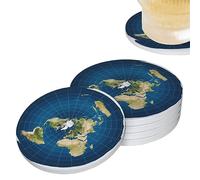 Flat Earth Map Model Coasters for Drinks Set of 4, Absorbent Ceramic Drink Coasters for Coffee Table Wooden Table Cup Bar, 4 Inches
