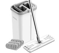 Flat Floor Mop and Bucket, BOSHENG Self Wringing Microfiber Mop and Bucket Set with 3 Washable and Reusable Pads, Home Floor Cleaning System for Wet and Dry Use.