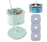 Flat Floor Mop and Bucket System Set with Wringer, Self Wringing Microfiber Spin Mops Bucket for Floor Cleaning, Separate Dirty Water, Wet and Dry Use, Mops for Hardwood, Laminate, Tile, LightCyan