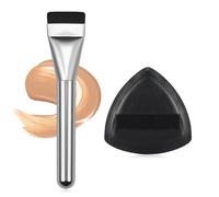 Flat Foundation Brush for Liquid Makeup, with Powder Puff Fast Flawless Flat Top Kabuki Makeup Brushes Face Cosmetics Concealer Brush for Liquid, Blending, Powder, Cream, Blush, Buffing Silver