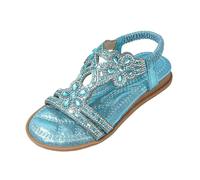 Flat Glitter Sandals Soft Peeptoe Strappy Sandals Sequins Elegant Non-Slip Summer Elastic Girls Flowers Rhinestone Princess Shoes Kids Heel Strap Children's Shoes, blue, 11.5 UK Child
