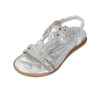 Flat Glitter Sandals Soft Peeptoe Strappy Sandals Sequins Elegant Non-Slip Summer Elastic Girls Flowers Rhinestone Princess Shoes Kids Heel Strap Children's Shoes, silver, 2 UK