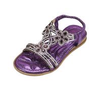 Flat Glitter Sandals Soft Peeptoe Strappy Sandals Sequins Elegant Non-Slip Summer Elastic Girls Flowers Rhinestone Princess Shoes Kids Heel Strap Children's Shoes, purple, 3 UK