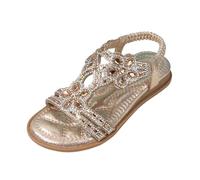 Flat Glitter Sandals Soft Peeptoe Strappy Sandals Sequins Elegant Non-Slip Summer Elastic Girls Flowers Rhinestone Princess Shoes Kids Heel Strap Children's Shoes, gold, 12 UK Child