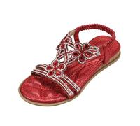 Flat Glitter Sandals Soft Peeptoe Strappy Sandals Sequins Elegant Non-Slip Summer Elastic Girls Flowers Rhinestone Princess Shoes Kids Heel Strap Children's Shoes, red, 10 UK Child