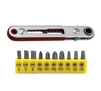 Flat Head Ratchet Wrench, 90 Degree Offset Screwdriver Handle with 1/4 Inch Drive and 10 Bits Set, Compact Tool for Tight Spaces