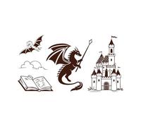 Flat Icons Silhouettes Featuring Fantasy Creatures Magic Dragons Unicorns and Castles Engraving Decals 54.4x101.4cm Store Decoration Coffee