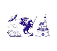 Flat Icons Silhouettes Featuring Fantasy Creatures Magic Dragons Unicorns and Castles Engraving Stickers 34x63.4cm Multi Color Selection DarkBlue