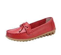 Flat Leather Loafers Shoes for Women Size 3.5-7.5 with Bow Detai and Anti Slip Sole Slip On Boat Shoes Retro Casual Comfy Work Penny Moccasins for Office and Spring Summer DailyRed7