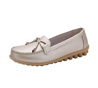 Flat Leather Loafers Shoes for Women Size 3.5-7.5 with Bow Detai and Anti Slip Sole Slip On Boat Shoes Retro Casual Comfy Work Penny Moccasins for Office and Spring Summer DailyGold7