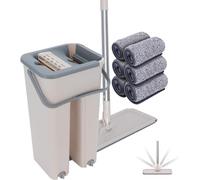 Flat Mop and Bucket set, H360° Flat Squeeze Microfiber Mop with 12 Reusable Microfiber Mop Pads and Stainless Steel 123cm Long Handle, Microfiber Floor Mop for Tiled, Marble, Hardwood