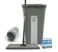 Flat Mop and Bucket Set with 360° Swivel Head, 2 Microfibre Mop Heads, Built In Bucket Wringer & Scraper, Easy to Use Mops for Cleaning Floors in Bathroom, Kitchen, Wood, Tile, Laminate