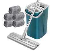 Flat Mop & Bucket Set - Compact, Lightweight Floor Cleaning System with 360° Rotating Head, 2-6 Reusable Microfibre Wet & Dry Mop Pads (Blue, 6 Pads)