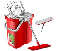 Flat Mop Bucket Set Squeeze 360° Wash & Dry Microfibre Pads Telescopic Pole UK