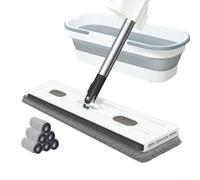 Flat Mop with 360 Swivel Function for Tile Hardwood and Window Cleaning plus Adjustable Stainless Steel Handle for User Fit (white folding bucket)