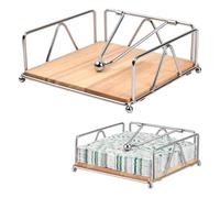 Flat Napkin Holder for Table, Silver Metal Napkin Dispenser with Wood Base and Weighted Arm, Square 7 Inch Tissue Paper Dispenser for Kitchen Restaurant Farmhouse Bar Countertop