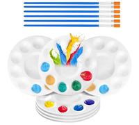 Flat Paint Brushes Set,Round Paint Palette 6.7inch Plastic Round Palette with 10 Wells and 1 Central Reservoir,Plastic Paint Tray Palette for Watercolor Acrylic Oil Gouache or DIY Art Painting (6pc)