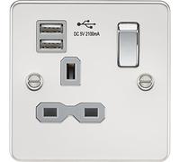 KnightsBridge Flat plate 13A 1G switched socket with dual USB charger (2.1A) - polished chrome with grey insert