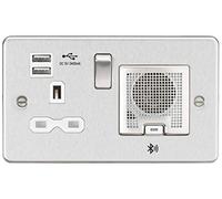 Flat Plate 13A Socket, USB Chargers (2.4A) and Bluetooth Speaker - Brushed Chrome with White Insert