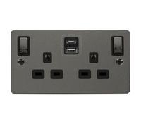 Flat Plate Black Nickel 2 Gang 13A Dp Ingot Type A & C Usb Twin Double Switched Plug Socket - Black Trim - Se Home