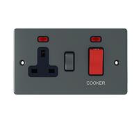 Flat Plate Black Nickel Cooker Control Unit w/Neon - 45A Cooker Switch with 13A Switched Plug Socket and Neon Indicators 2-Gang Plate