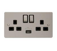 Flat Plate Pearl Nickel 2 Gang 13A Dp Ingot 1 Usb Twin Double Switched Plug Socket - Black Trim - Se Home