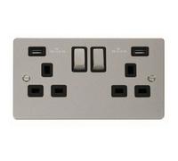Flat Plate Pearl Nickel 2 Gang 13A Dp Ingot 2 Usb Twin Double Switched Plug Socket - Black Trim - Se Home