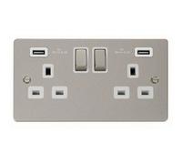 Flat Plate Pearl Nickel 2 Gang 13A Dp Ingot 2 Usb Twin Double Switched Plug Socket - White Trim - Se Home