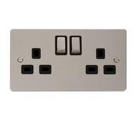 Flat Plate Pearl Nickel 2 Gang 13A Dp Ingot Twin Double Switched Plug Socket - Black Trim - Se Home
