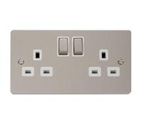 Flat Plate Pearl Nickel 2 Gang 13A Dp Ingot Twin Double Switched Plug Socket - White Trim - Se Home