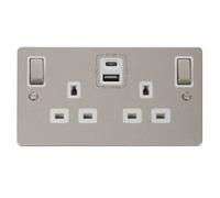 Flat Plate Pearl Nickel 2 Gang 13A Dp Ingot Type A & C Usb Twin Double Switched Plug Socket - White Trim - Se Home