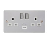 Flat Plate Polished Chrome 2 Gang 13A Dp Ingot 1 Usb Twin Double Switched Plug Socket - White Trim - Se Home