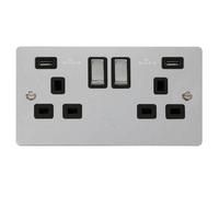 Flat Plate Polished Chrome 2 Gang 13A Dp Ingot 2 Usb Twin Double Switched Plug Socket - Black Trim - Se Home