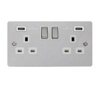 Flat Plate Polished Chrome 2 Gang 13A Dp Ingot 2 Usb Twin Double Switched Plug Socket - White Trim - Se Home