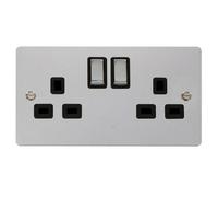 Flat Plate Polished Chrome 2 Gang 13A Dp Ingot Twin Double Switched Plug Socket - Black Trim - Se Home