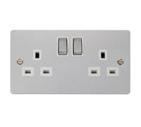 Flat Plate Polished Chrome 2 Gang 13A Dp Ingot Twin Double Switched Plug Socket - White Trim - Se Home